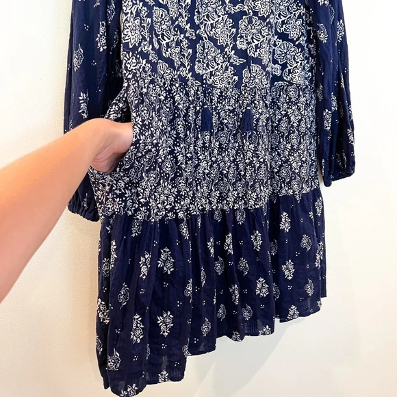 Maeve Anthropologie Navy Paisley Bohemian Floral Peasant Tunic Mini Dress XS - Picture 7 of 9